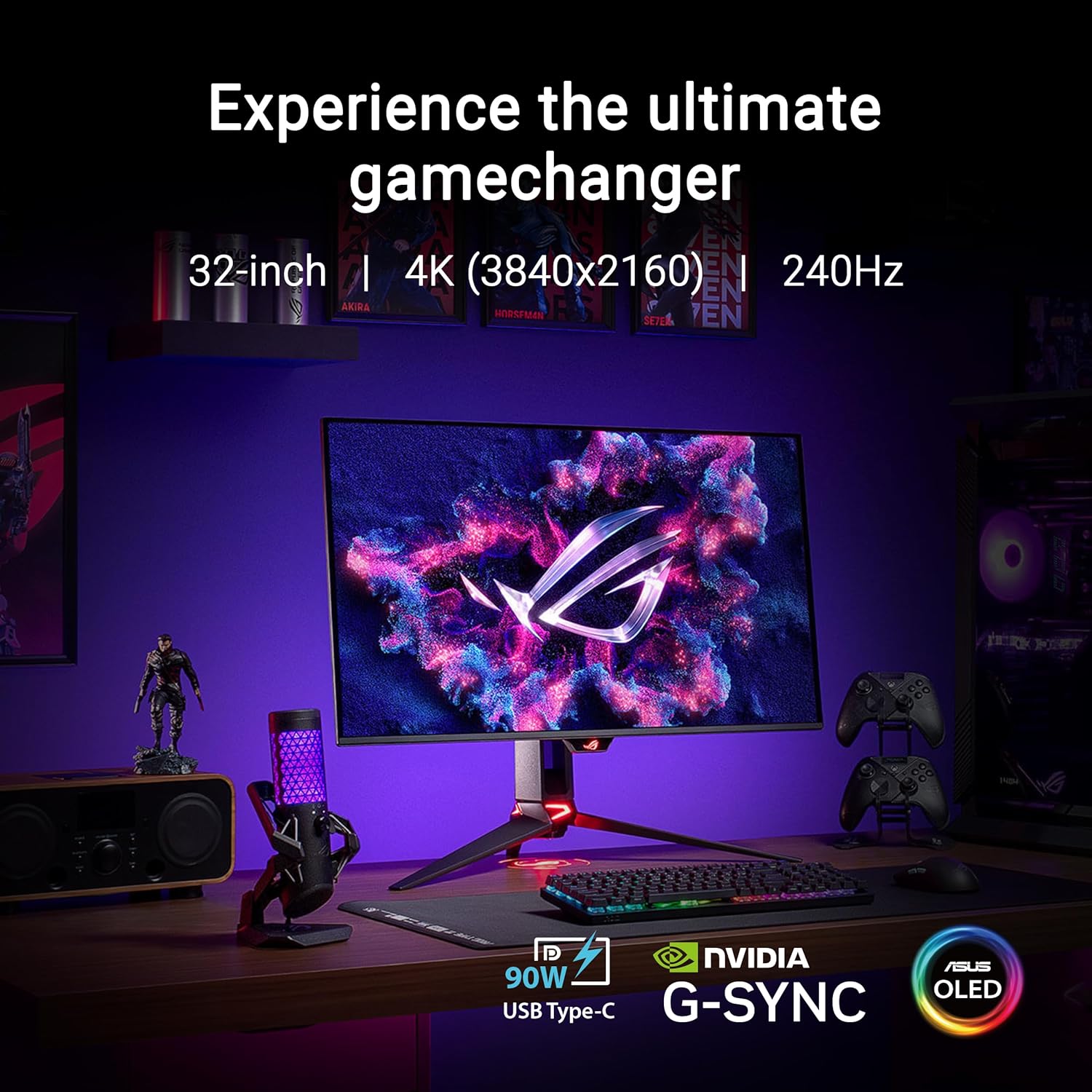 ASUS ROG Swift 32” 4K OLED Gaming Monitor (PG32UCDM) - UHD (3840 x 2160)  QD-OLED  240Hz  0.03ms  G-SYNC Compatible  Custom Heatsink  Graphene Film  99% DCI-P3  True 10-bit  90W USB-C