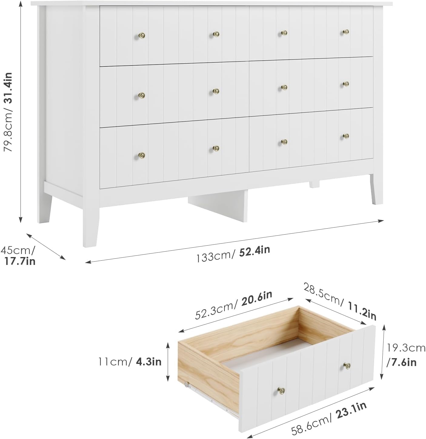 FOTOSOK White Dresser, Chest of Drawers, Modern 6 Drawer Double Dressers with Deep Drawers, Nursery Dresser for Baby, Wide Storage Organizer Cabinet for Living Room, Hallway,White