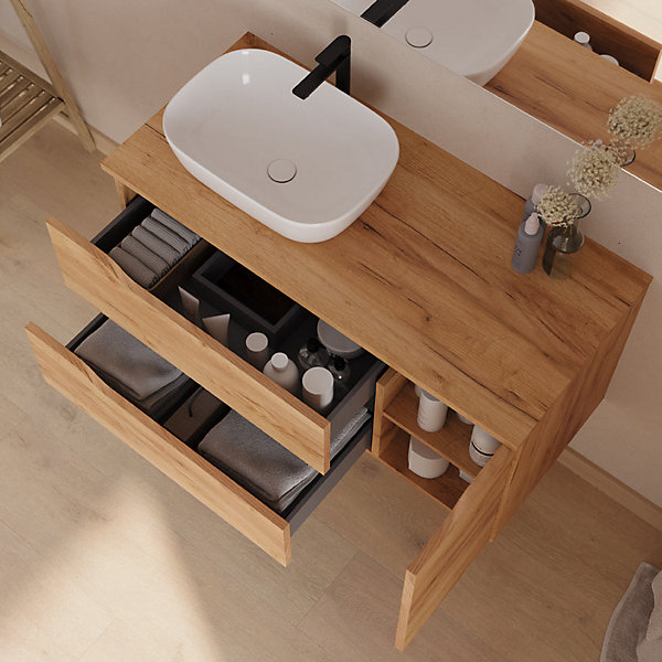 Meuble de salle de bain 100cm avec plateau et vasque à poser à gauche Zeus - sans miroir - 2 tiroirs et 1 placard - roble - ZARZA