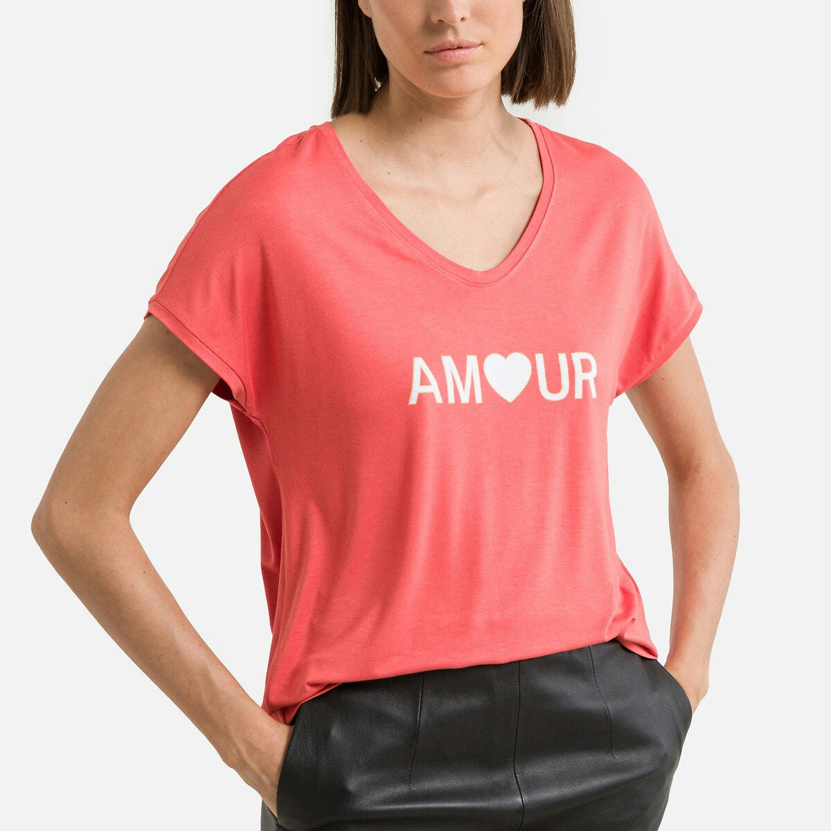 T-shirt col V, motif devant