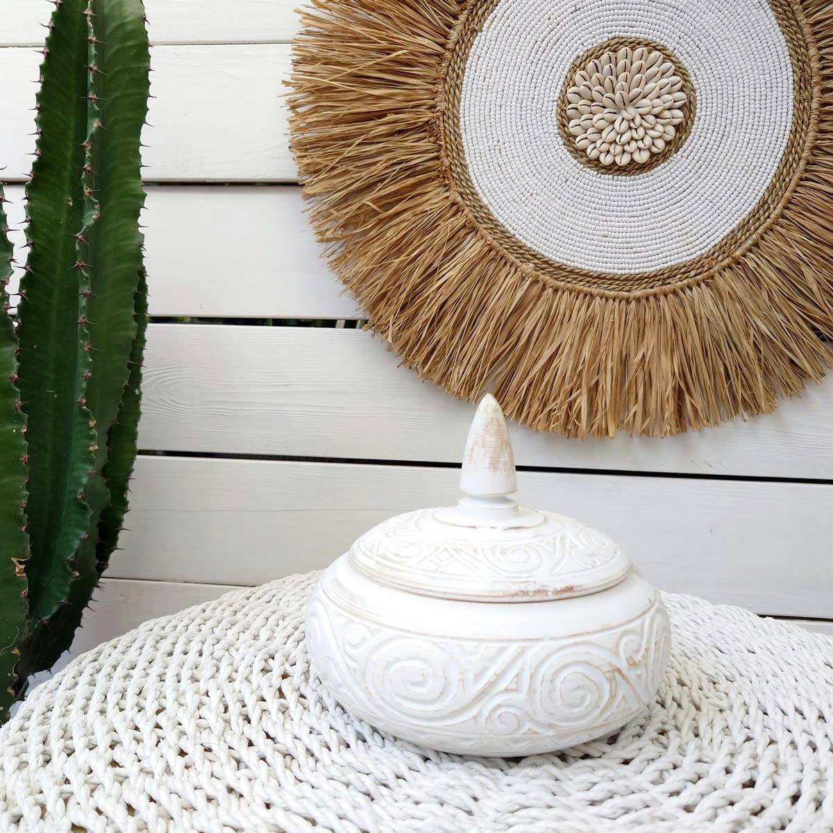 ZARA - Boîte en bois sculpté, blanc D15 x H15 cm