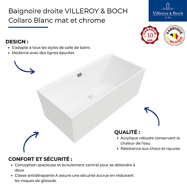 Baignoire droite 170 x 75 VILLEROY &BOCH Collaro acrylique Blanc Mat avec vidage et trop-plein chrome
