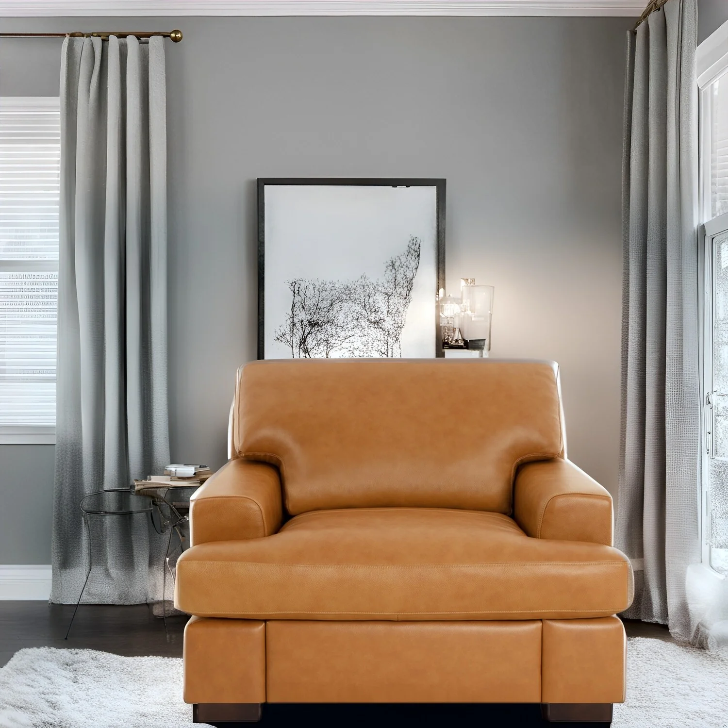 Genuine Leather Accent Chair with Luxurious Comfort Goose Feather Cushion Filling Square Arm Design Sturdy Block Legs