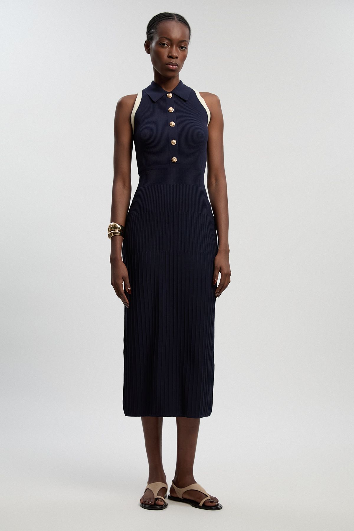 KarenMillen Rib Knit Military Colour Block Sleeveless Midi Dress