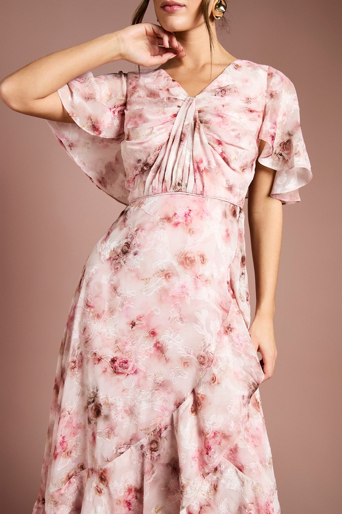 Coast Printed Satin Jacquard Twist Front Midi Dress