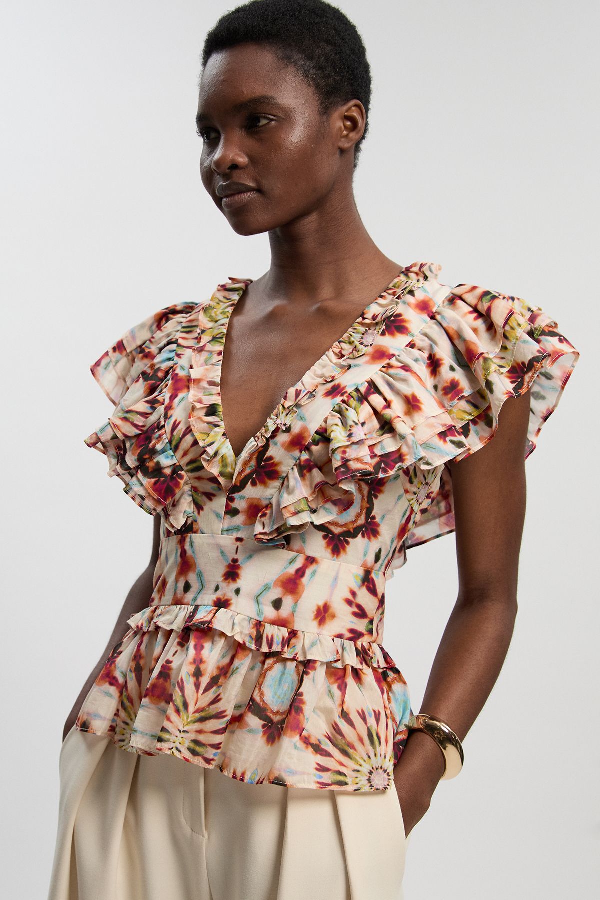KarenMillen Tile Print Silk Cotton Ruffle Detail Woven Top