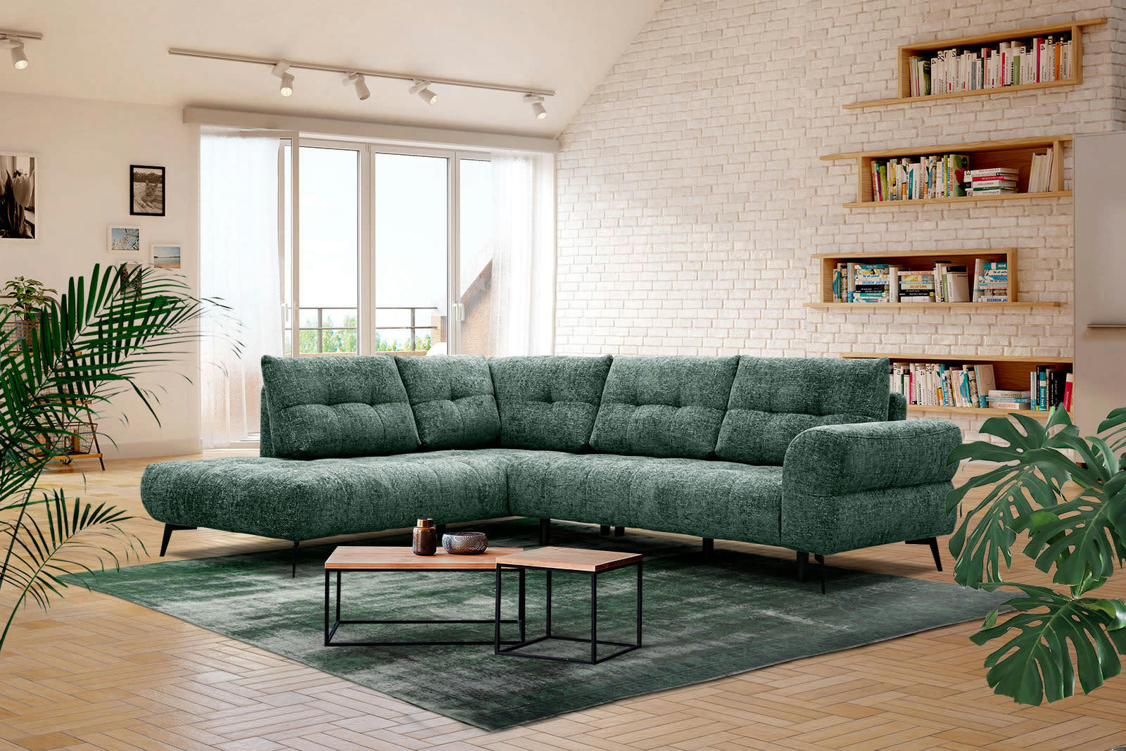 SALVINI - Canapé d'angle gauche 5 places tissu vert