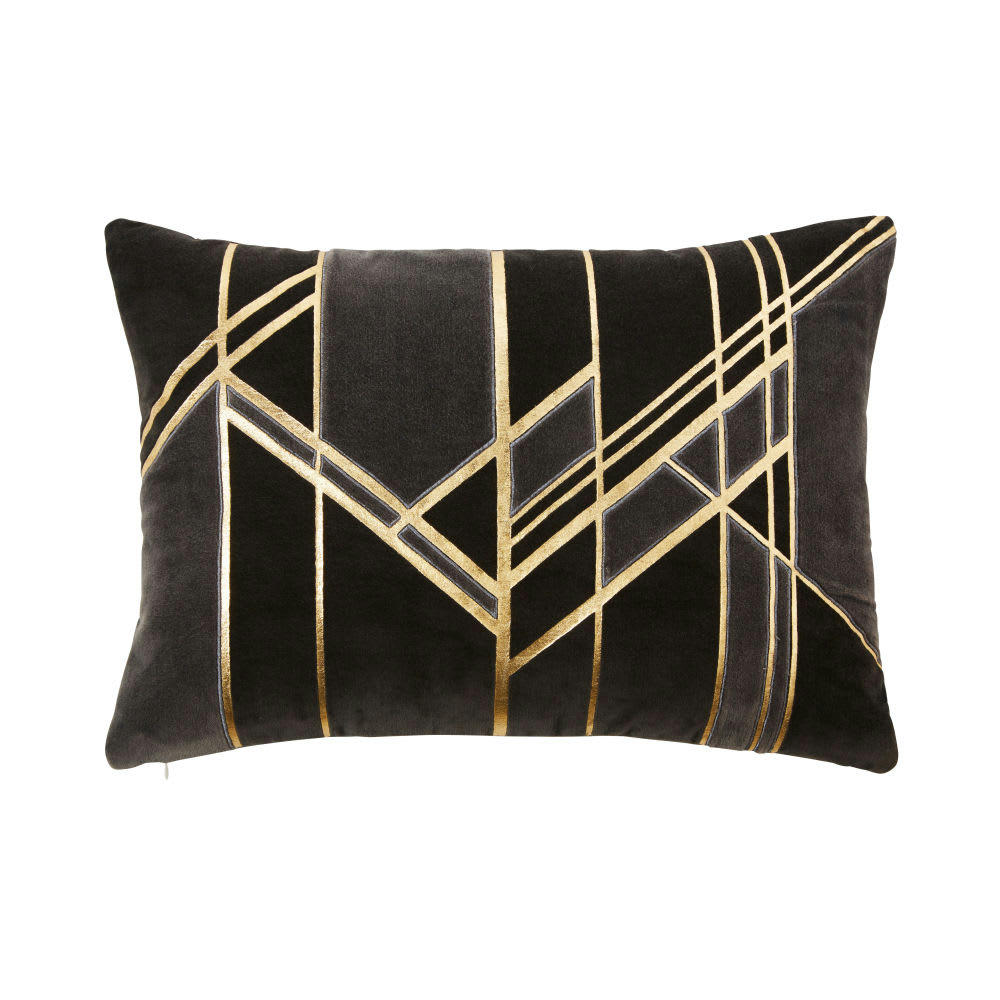 GUSTAVE - Coussin en velours gris motifs graphiques dorés avec broderie 35x50
