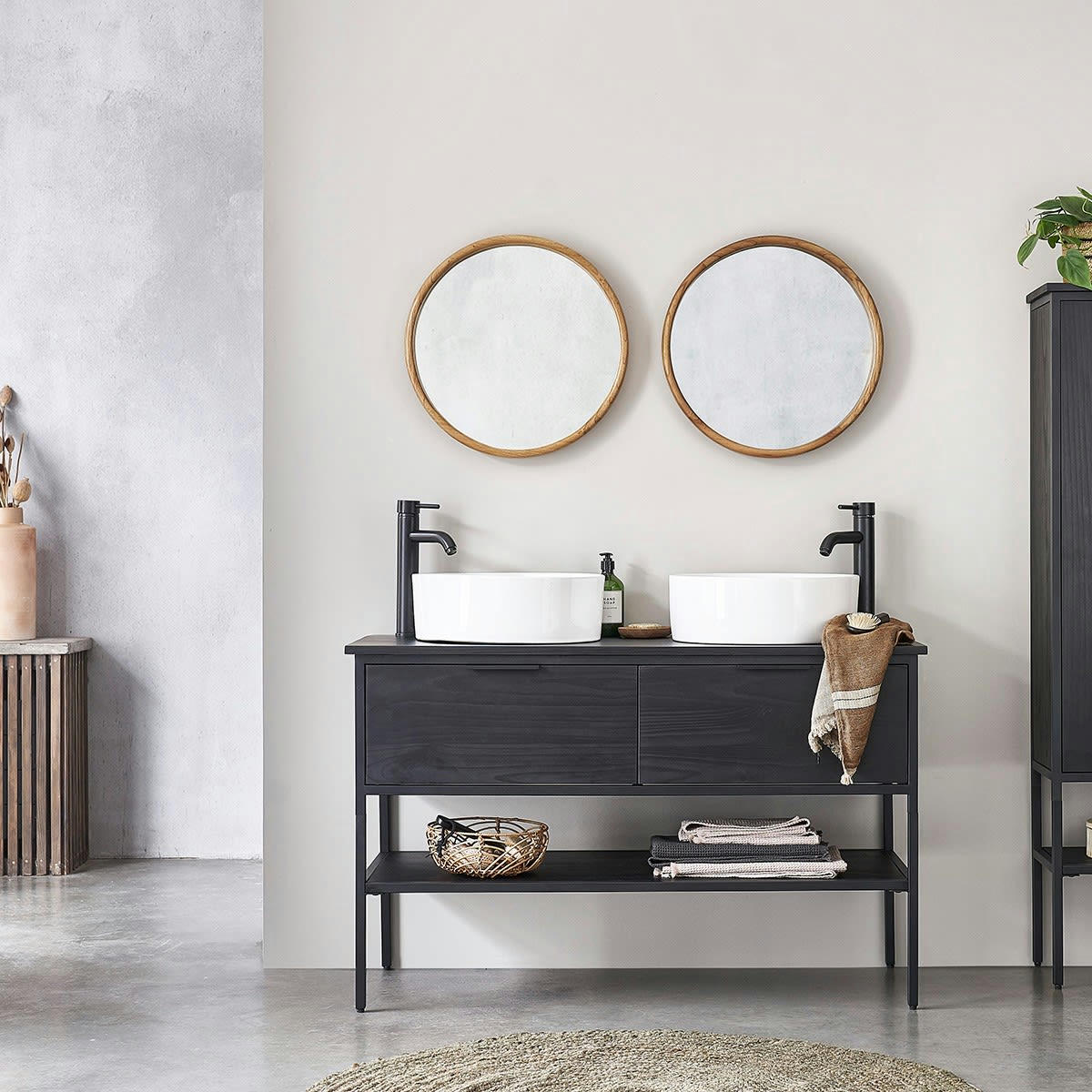 NEVEN - Meuble double vasque en pin massif et métal 2 tiroirs