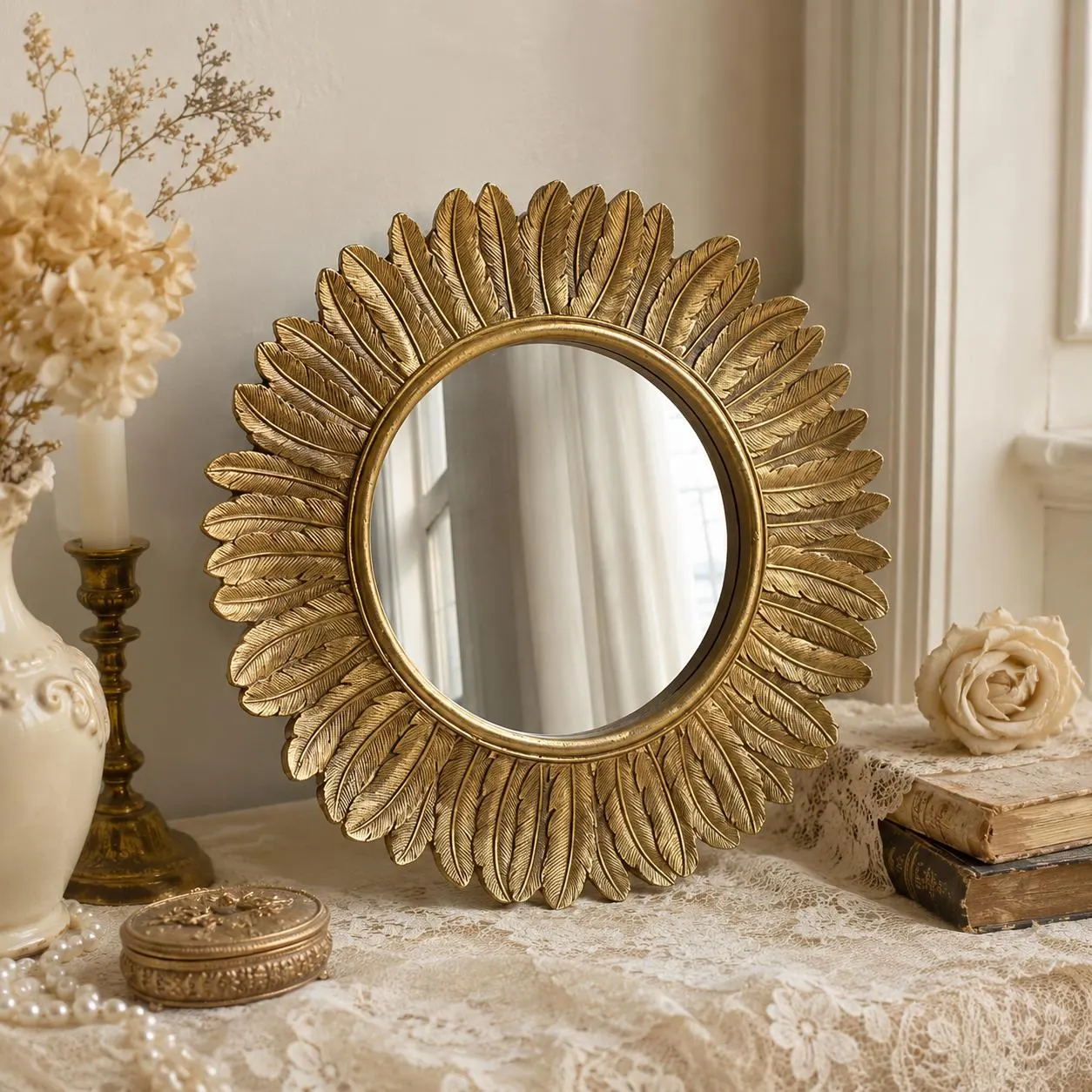 Vintage Gold Sunburst Mirror, Feather Wall Mirror, Antique Round Vanity Mirror, French Country Decor, Elegant Bedroom & Entryway Wall Decor