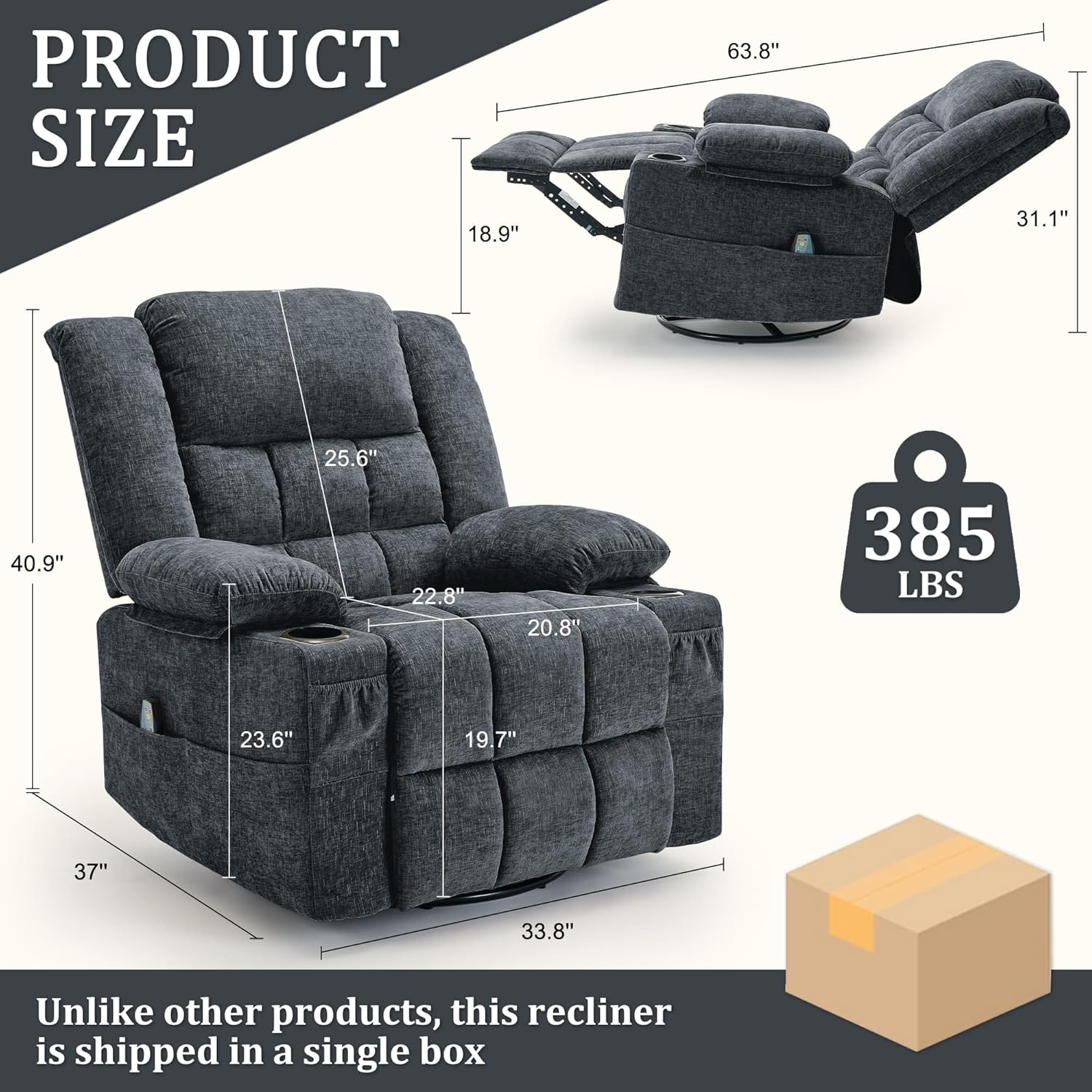 Korser 360° Swivel Rocker Recliner for Adults, Nursery Glider Recliner with Massage and Heating, Rocking Chair with Cup Holder, Manual Recliner Chair for Living Room, Bedroom (Fabric, Dark Gray)