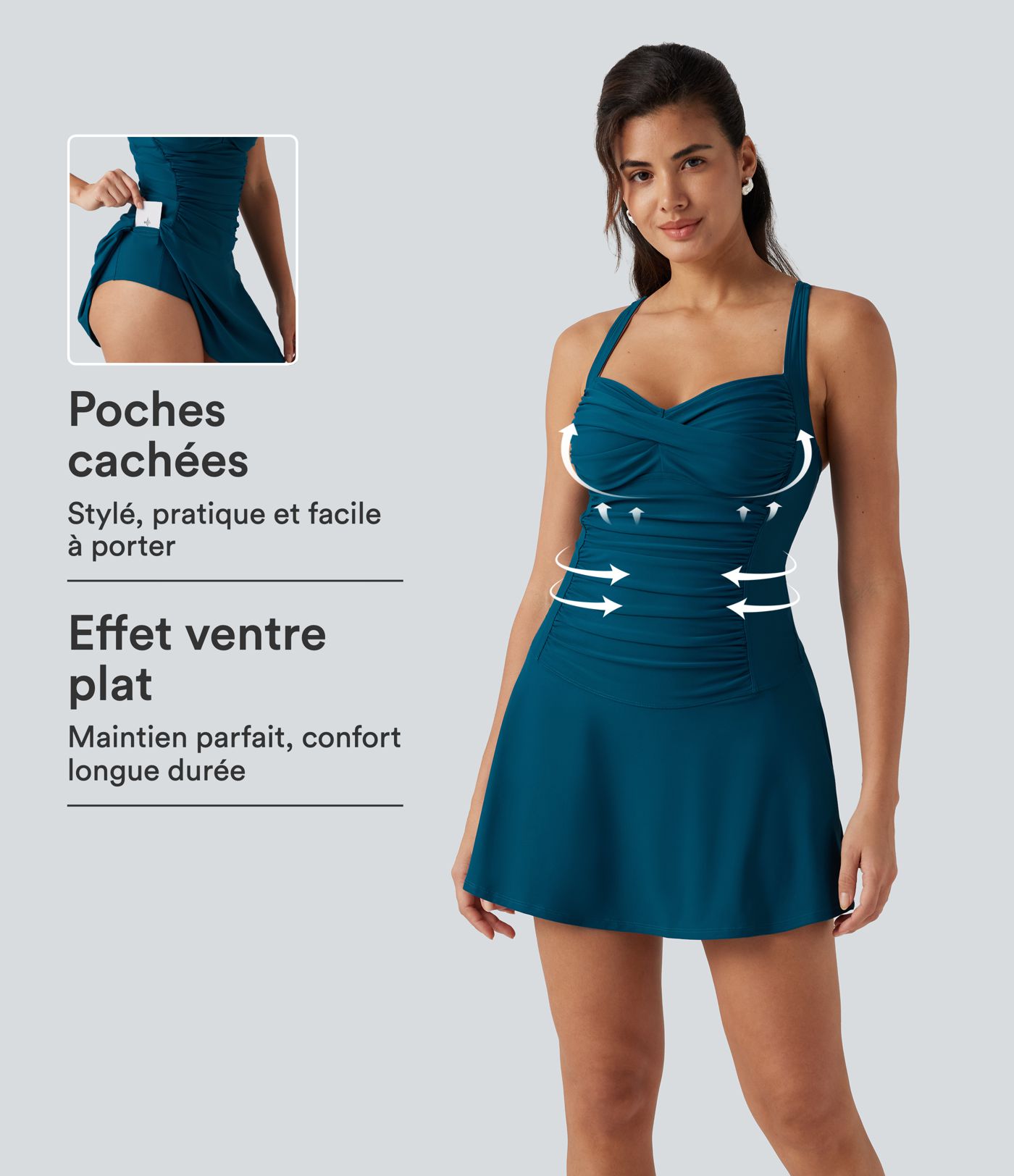Robe de bain 2-en-1 push-up gainante à encolure Queen Anne avec bretelles ajustables, design torsadé, fronces, brassière intégrée et poches