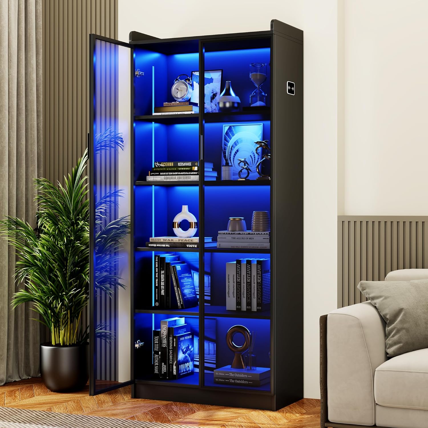 Display Cabinet with Doors and Adjustable Shelves, 65 Tall Bookcase with LED Lights/Human Sensor, 5 Tier Display Case for Collectibles Bedroom Living Room Office, Black