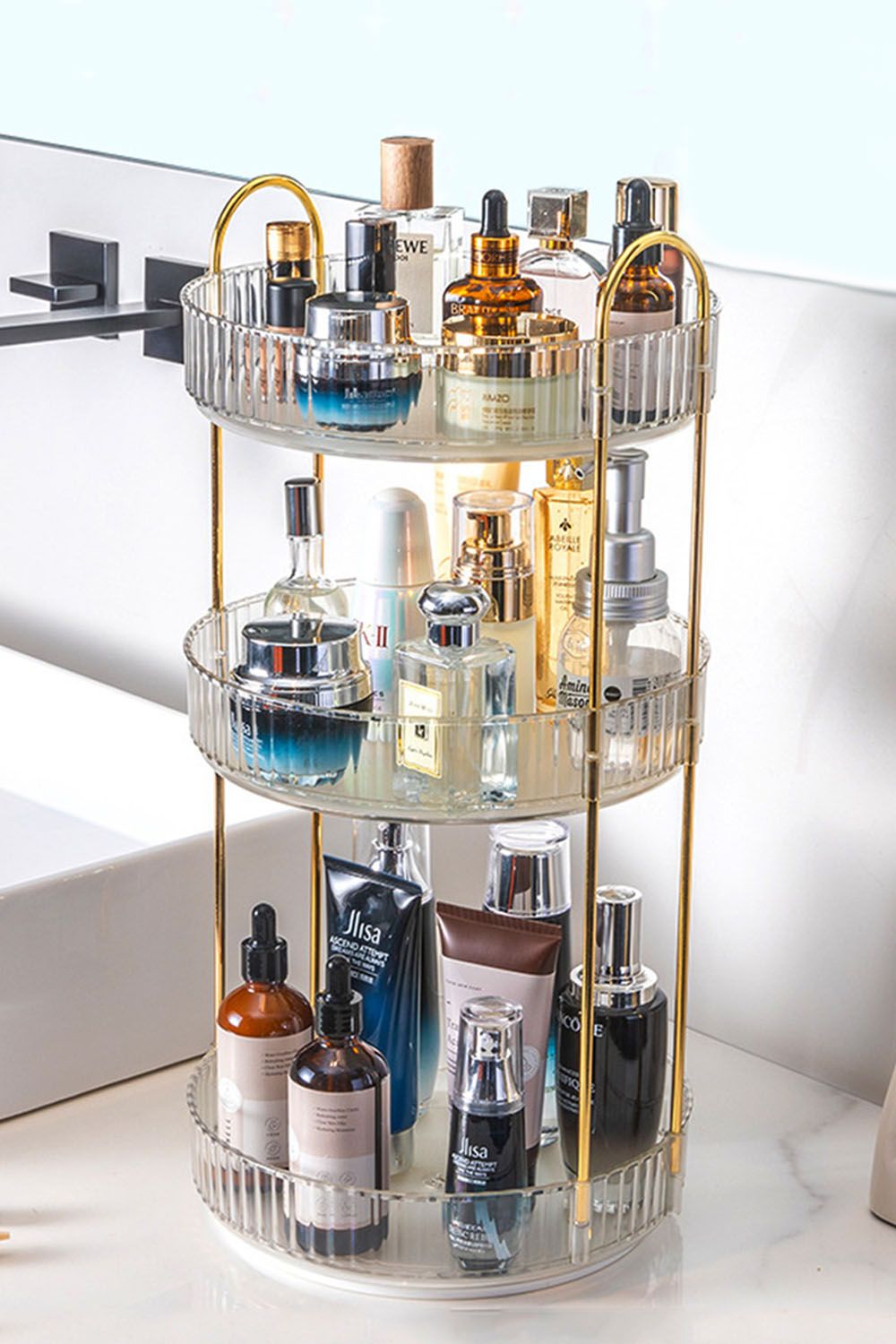 SHEONLY 3 Tier Spinning Skincare Cosmetic Organizer for Vanity, 3 Tier Multifunctional Storage Organizer For Bathroom Bedroom Kitchen
