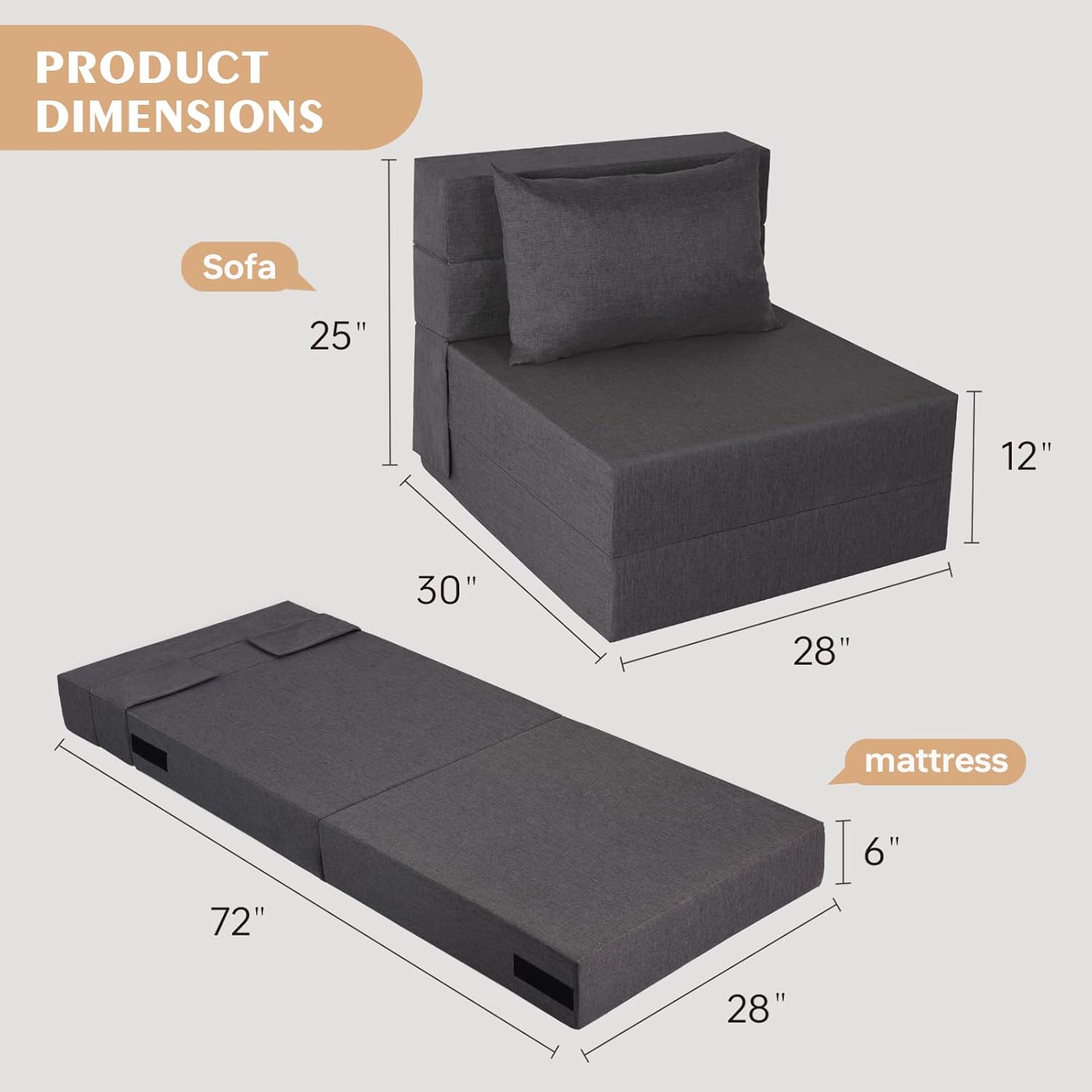 Fvkind Folding Sofa Bed, Foldable Sleeper Chair with Washable Cover, Convertible Futon Sofa Bed with Pillow, Fold Out Couch for Living Room, Dorm, Guest Room, Single Size, Dark Grey