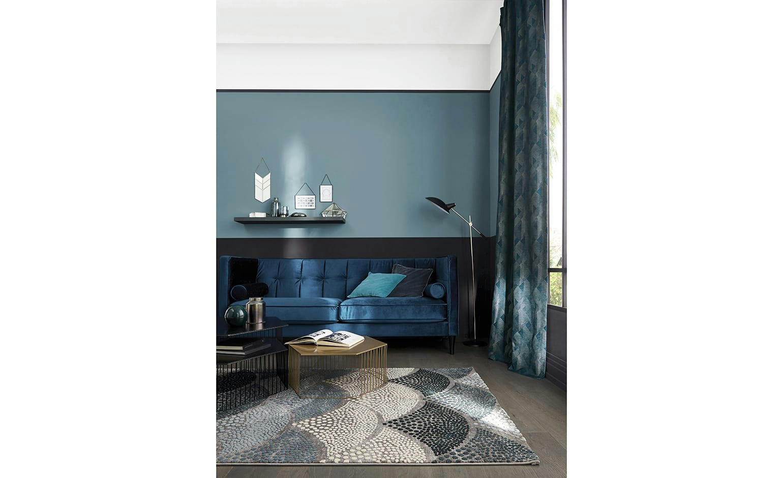 CHIMERA - Tapis tissé motif rétro bleu pétrole gris 225x160