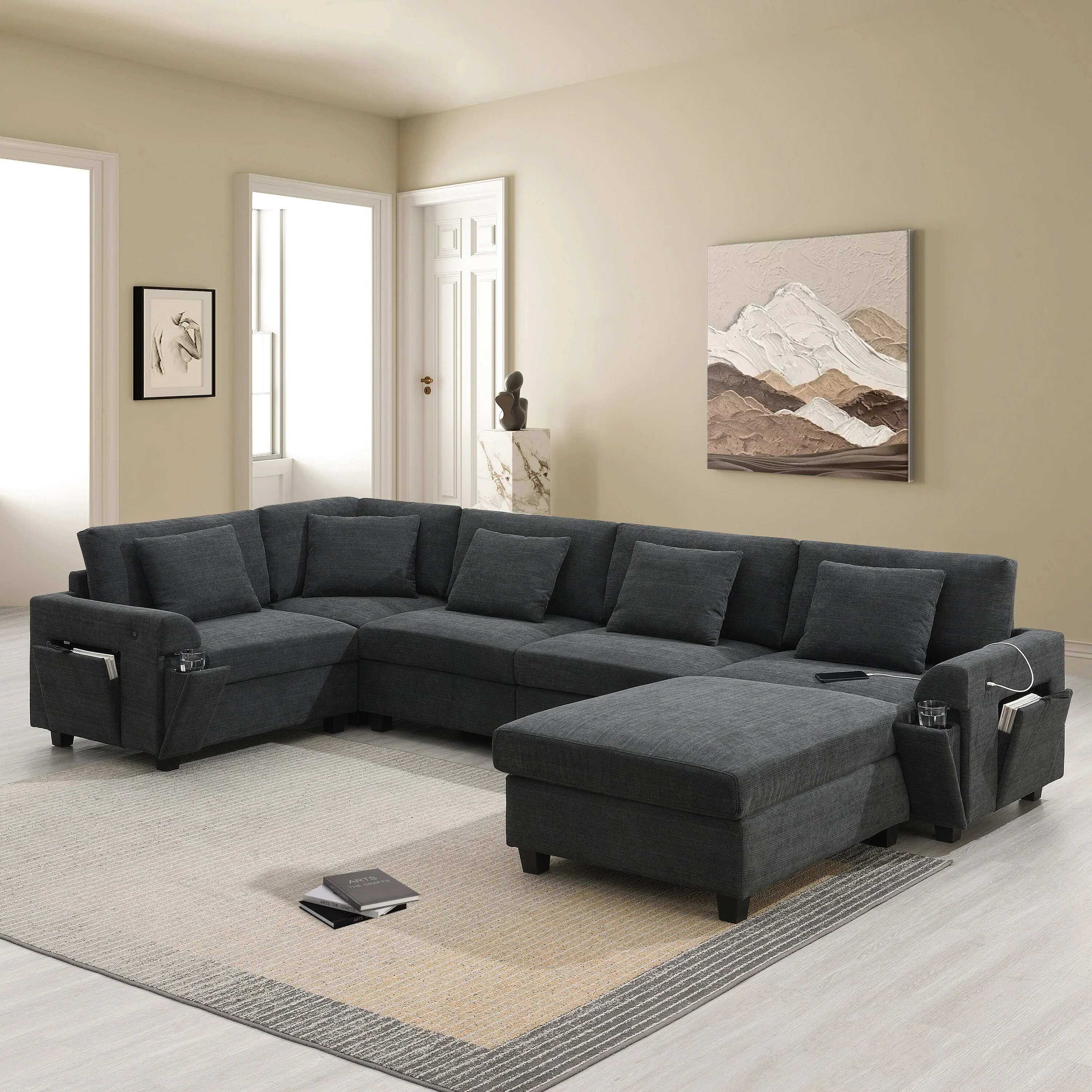 Chenille Sectional Sofa with Hidden Armrest Storage, Cup Holders, USB Charging Ports and Oversized Ottoman Chaise Lounge