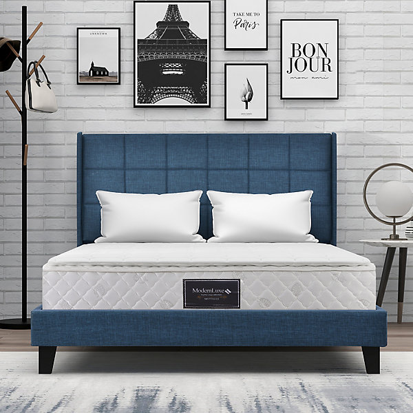 Lit double 140x200 cm - Lit adulte capitonné avec sommier à lattes - Lin - avec Matelas - Bleu