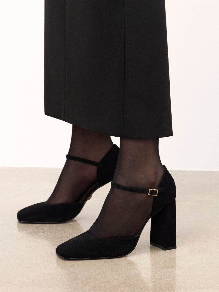 Suede semi-open-toe pumps on a post