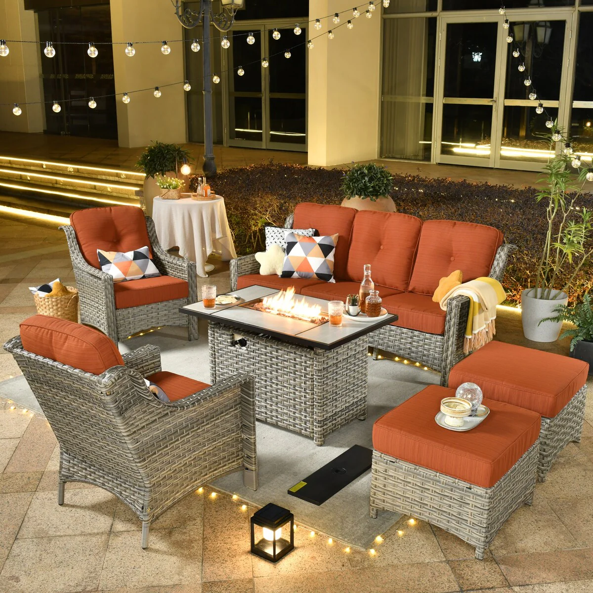 XIZZI 6-piece Rattan Wicker Outdoor Furniture Deep Seat Sofa Set with Fire Pit