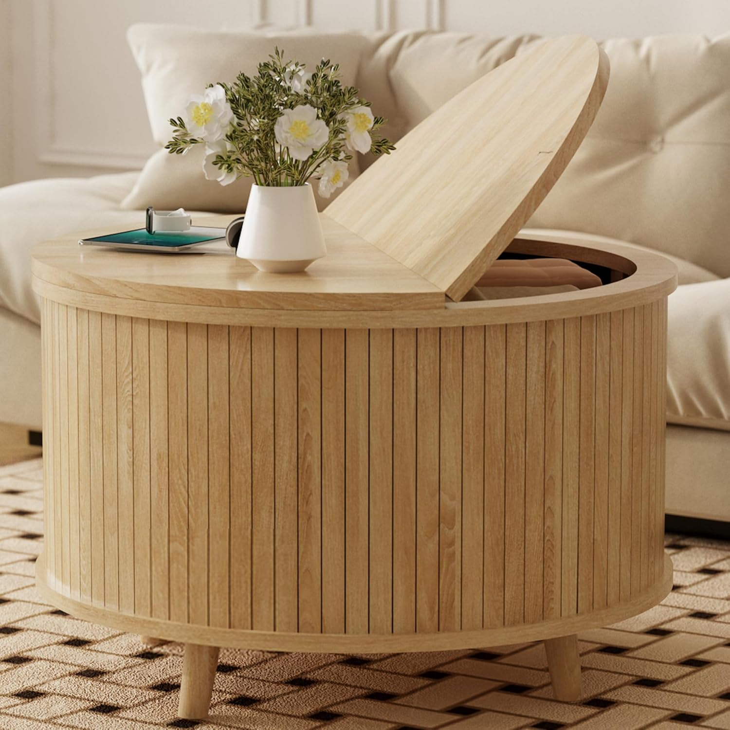 Easyego Fluted Round Coffee Table with Hidden Storage, 31.5 Mid-Century Modern Wood Drum Table for Living Room, Small Space Apartment Furniture, Natural