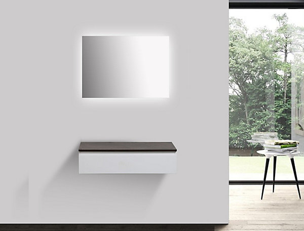 Meuble sous vasque suspendu MDF Blanc mat, plan vasque Chêne, 1 tiroir, 80x20x47cm - Vision 800