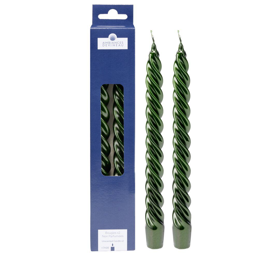 Bougie cire X2 pcs forme flambeau torsadé H25 cm vert