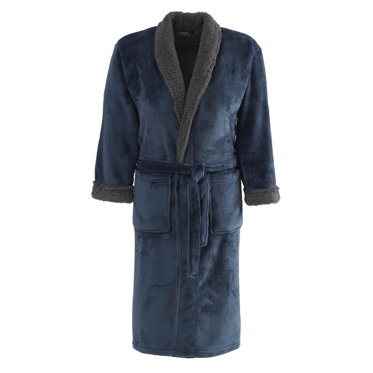 KALY - Peignoir polaire col châle bicolore  bleu nuit/silver grey L