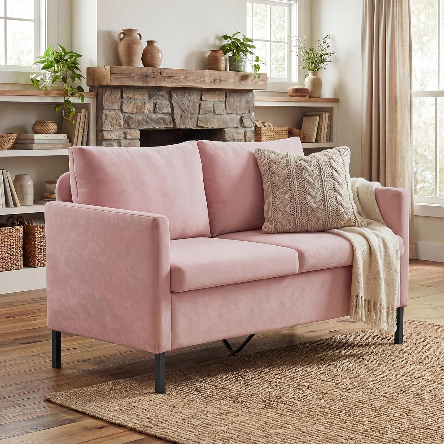 TYBOATLE Love Seat Mid Century Modern Small Loveseat for Living Room, 51 W Mini Little Upholstered 2-Seater Love Seats w/Iron Legs for Compact Small Space, Apartment, Bedroom, Dorm, Office (Pink)