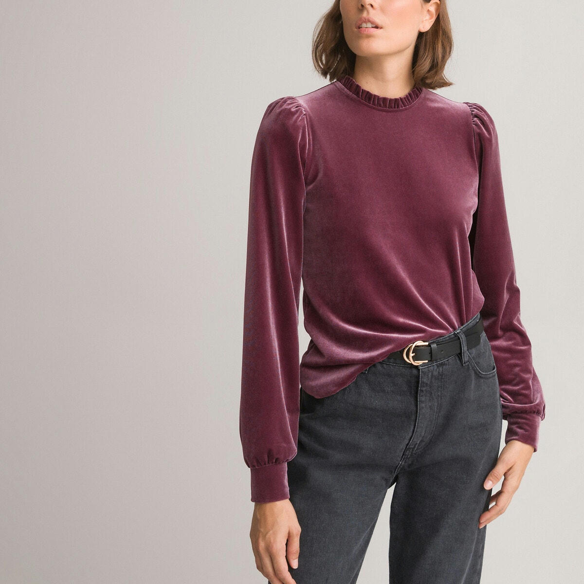 T-shirt col montant volanté, en velours