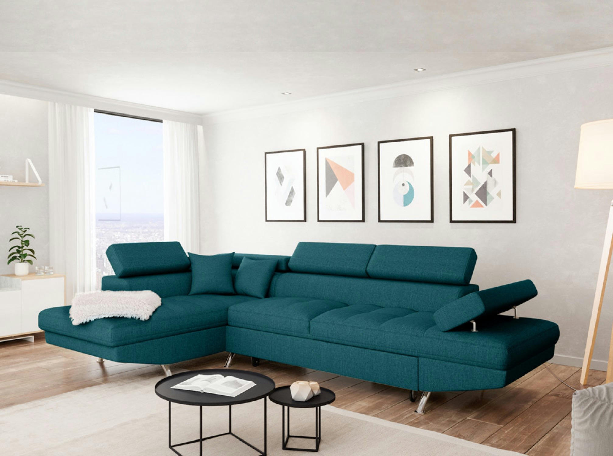 RIO - Canapé angle gauche convertible avec coffre en tissu - Bleu canard