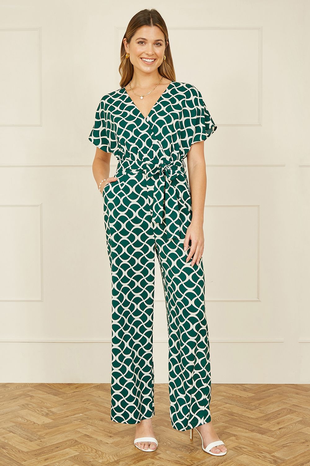 Yumi Yumi Green Geometric Print Wrap Jumpsuit