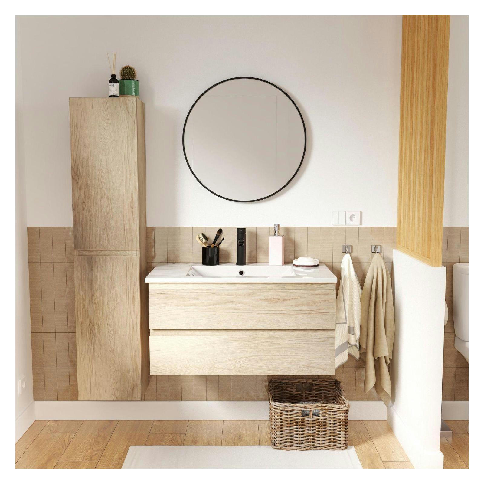 SORRENTO - Meuble simple vasque 80cm décor chêne +robinet noir+miroir+colonne