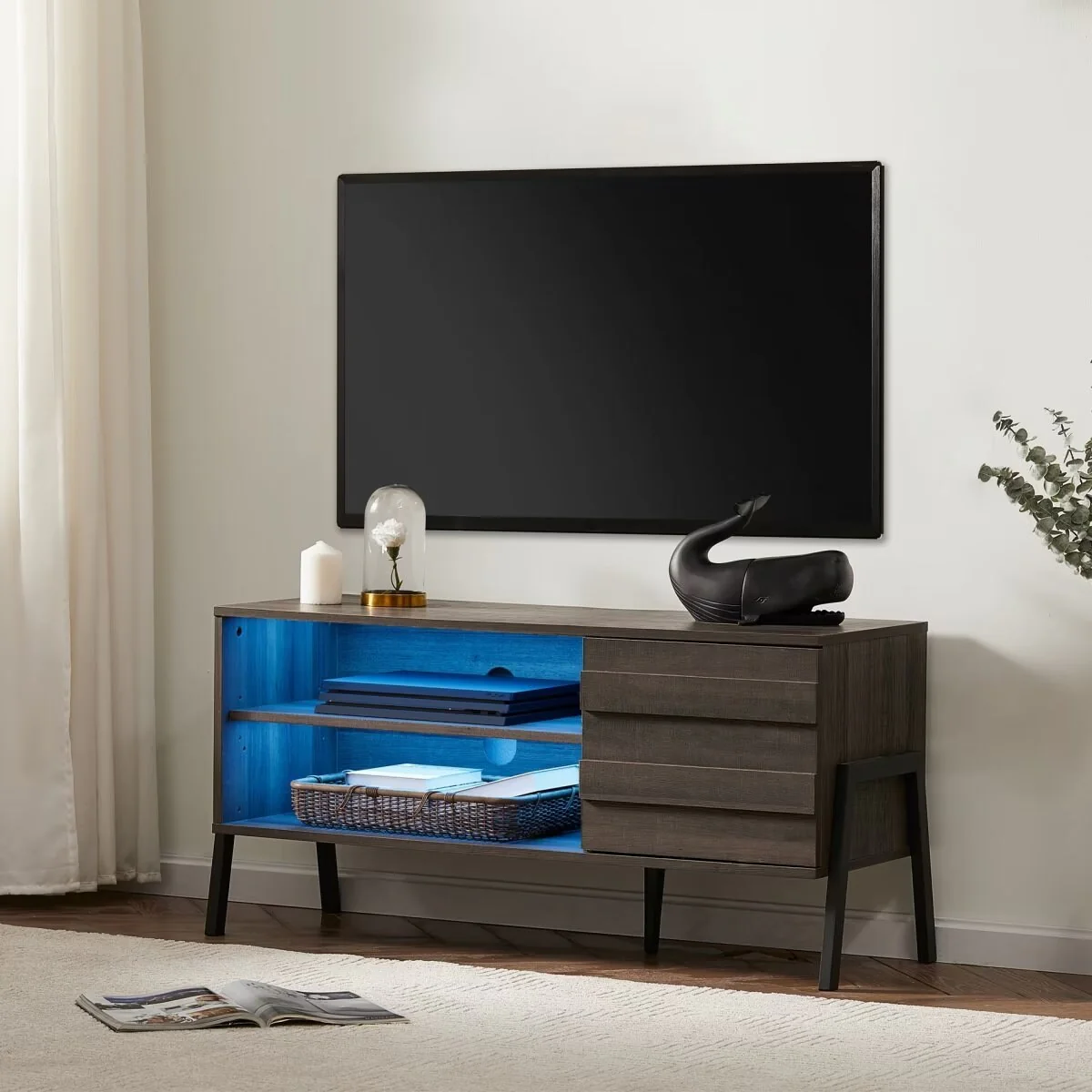 Mid-Century Modern TV Stand for 55/65/75 TV Console with LED Light