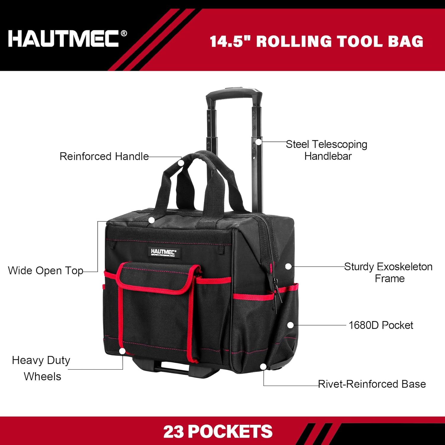 HAUTMEC 2-Piece Rolling Tool Bag Set, 15 Wheeled Tool Bag & Wide Mouth Tool Tote, Heavy-Duty Tool Storage Organizer with Durable Off-Road Wheel, Steel Telescoping Handle & Shoulder Strap – HT0288