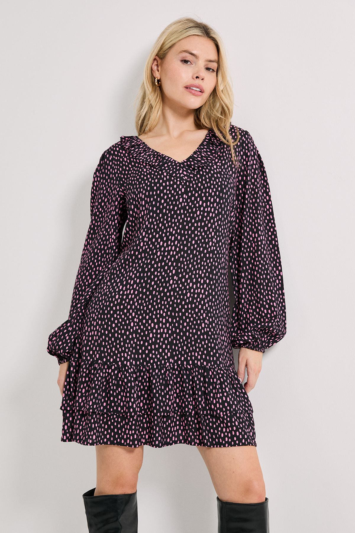 Dorothy Perkins Purple Spot Collar Detail Blouson Sleeve Tiered Mini Dress