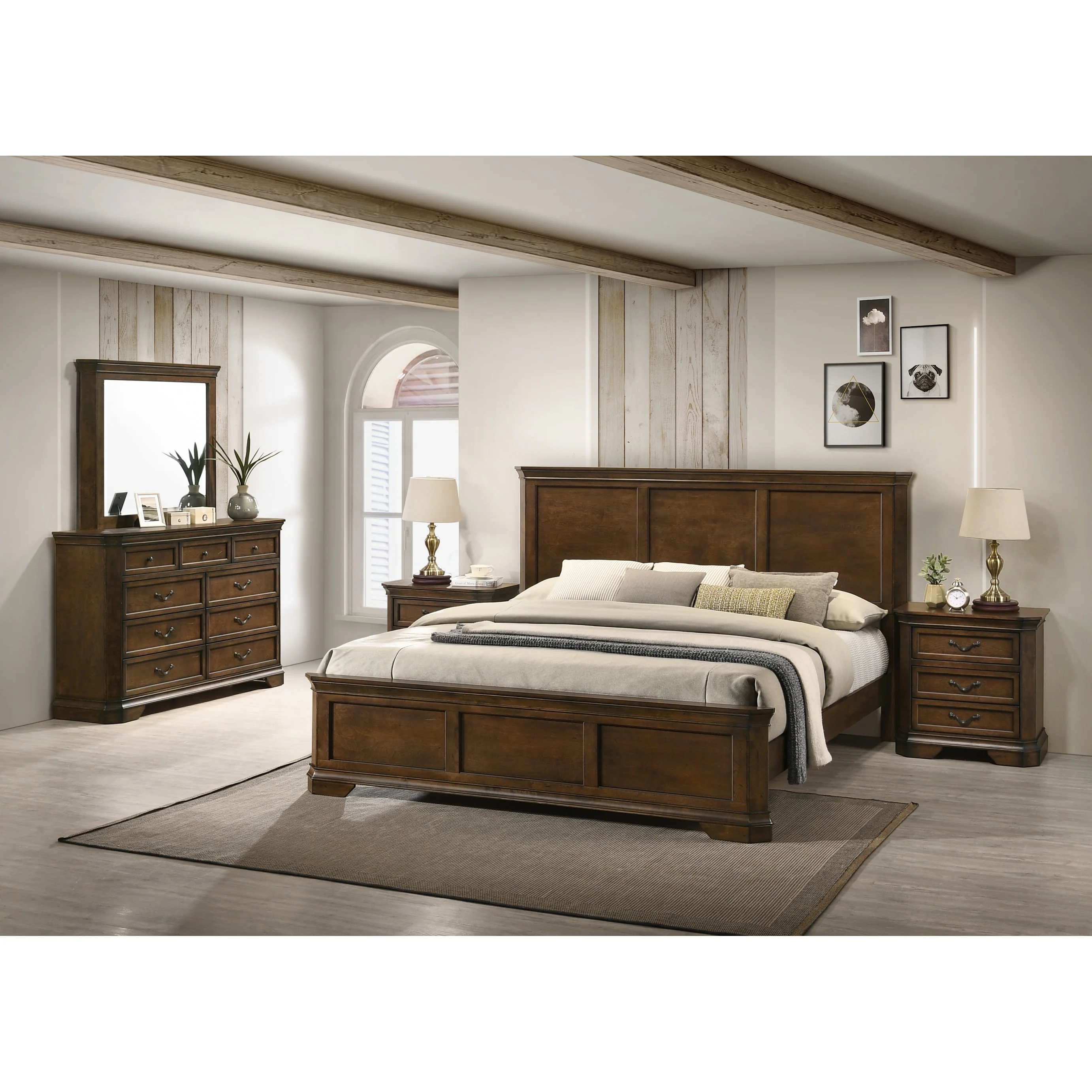Roundhill Furniture Maderne Traditional Wood Panel Bed with Dresser, Mirror, Two Nightstands, Antique Walnut Finish