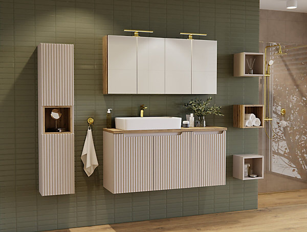 Ensemble meuble salle de bain suspendu double vasque NOVA cachemire 140 cm avec extension, étagère et plan vasque effet chêne