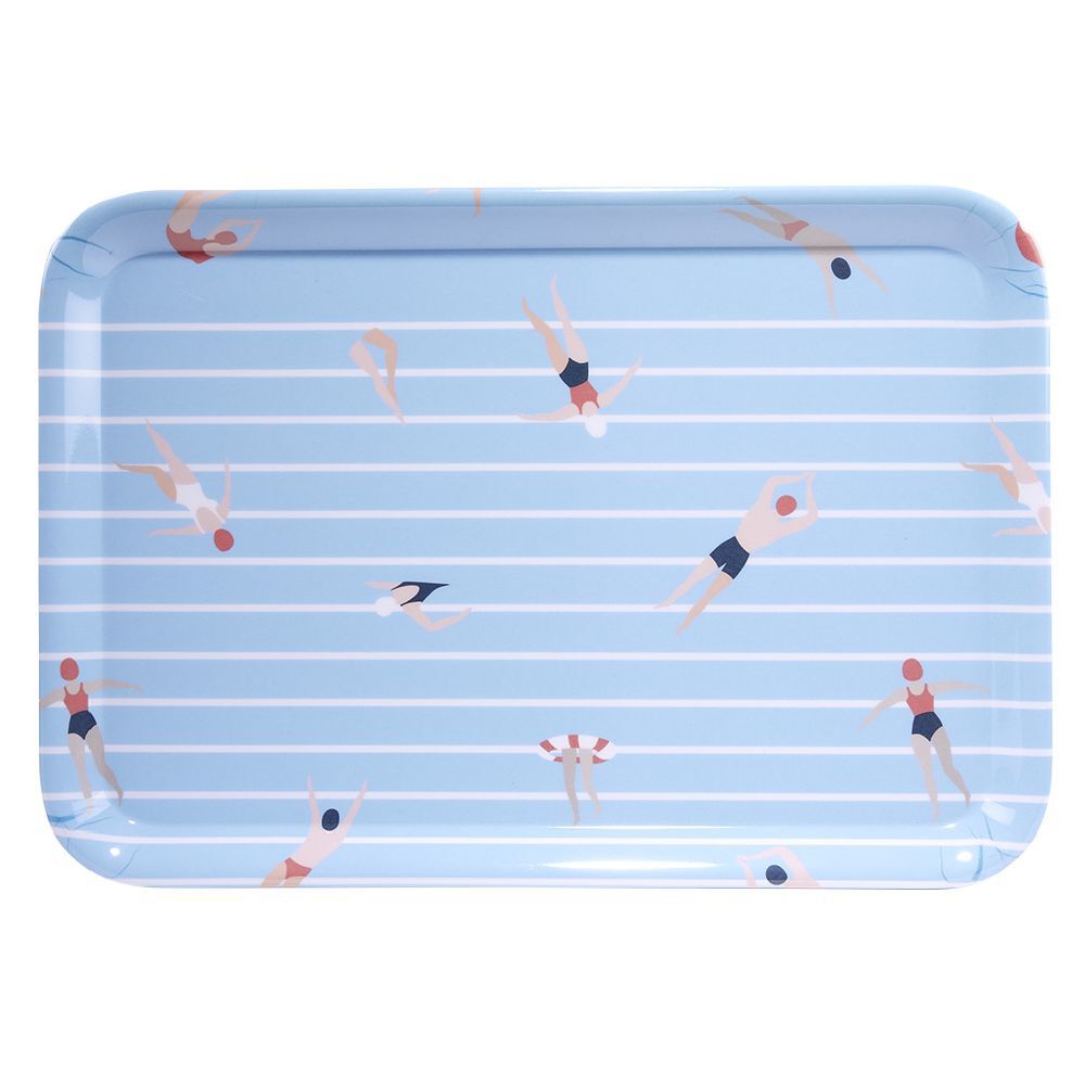 Plateau rectangulaire rayé bleu blanc motif nageur - plastique 45x31cm