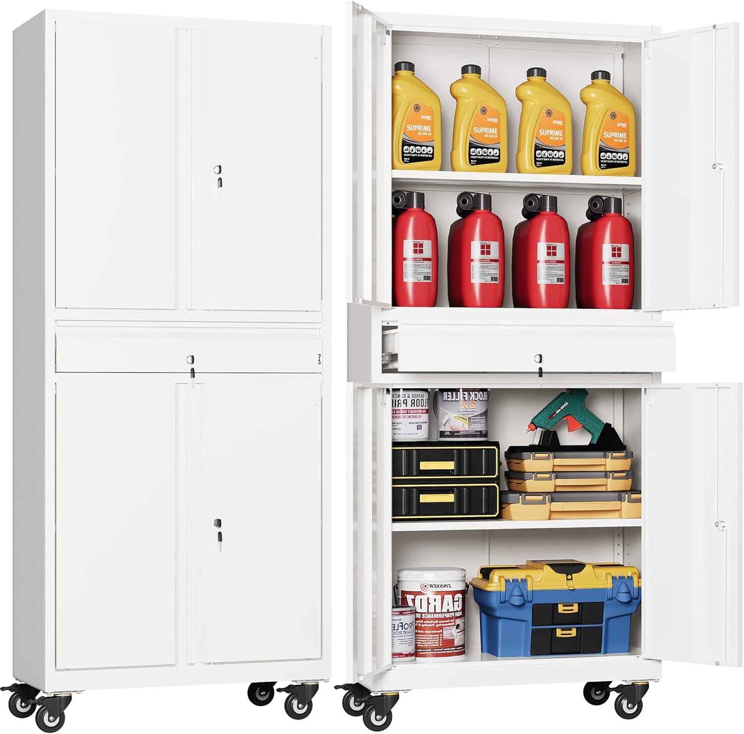 DEVAISE Metal Garage Storage Cabinet with Locking Doors and Adjustable Shelves, Rolling Tool Cabinet with Drawer for Garage,Warehouse,Home,Office (White)