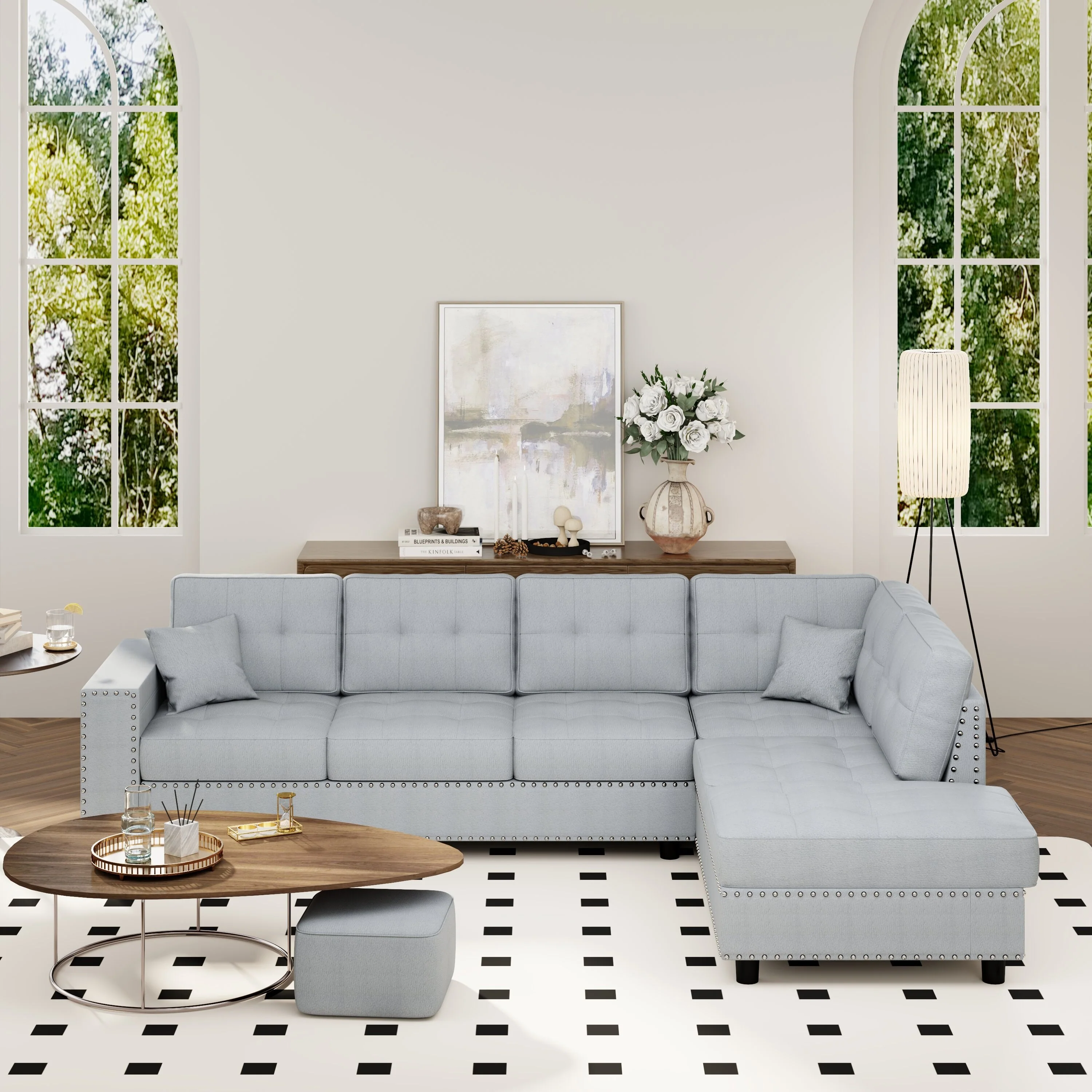 109.2 L-Shaped 5 Seater Modular Sectional Sofa with Removable Back Cushions, 2 Pillows, in High-Quality Linen
