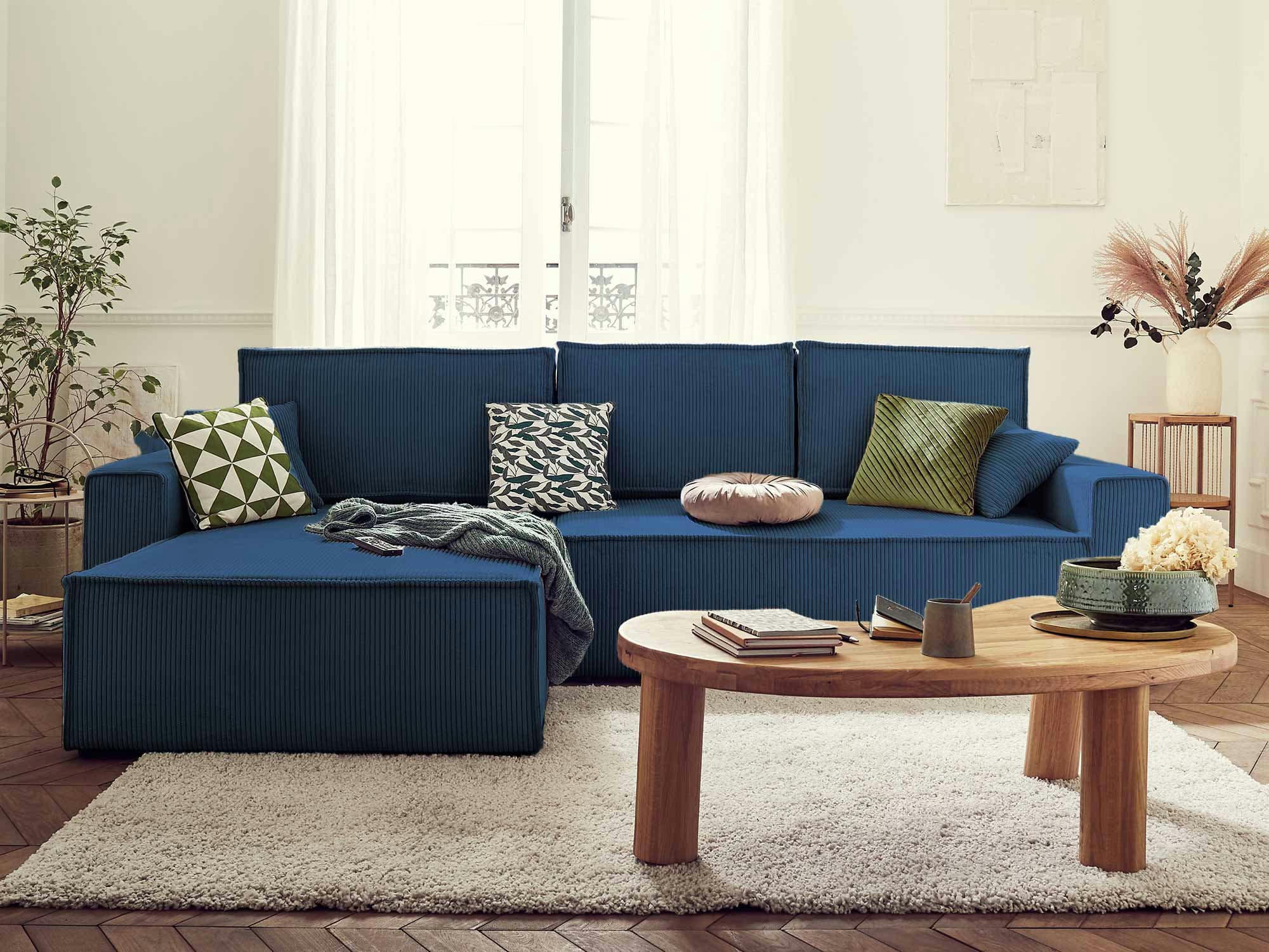DELLIA - Canapé d'angle réversible convertible 4 places en velours côtelé bleu