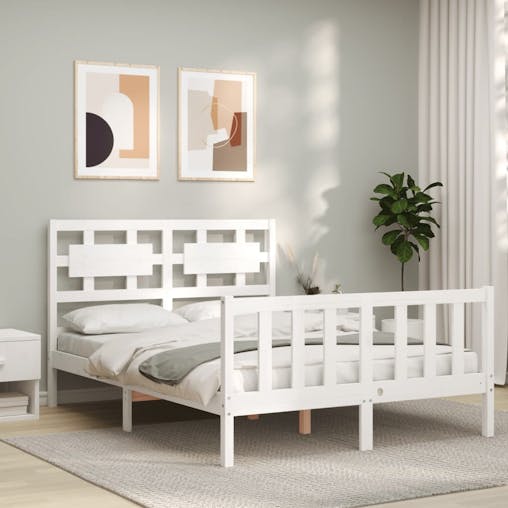 NNEVL Bed Frame with Headboard White 137x187 cm Double Solid Wood