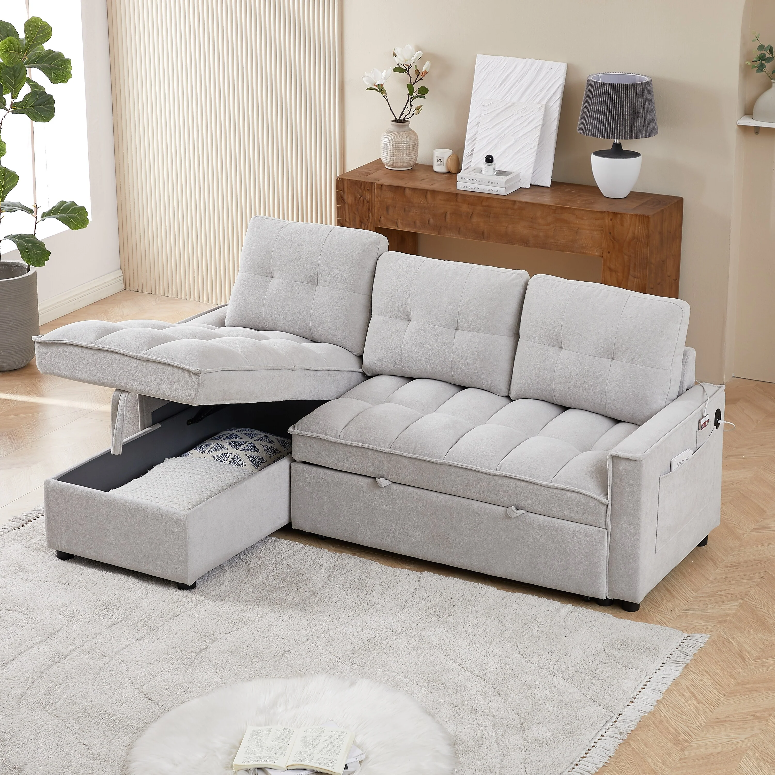 Grey 78.75'' L-Shaped Sleeper Sofa, 3-Seater with Pull-Out Bed, Storage Chaise, USB and Type-C Ports, and Side Organizer