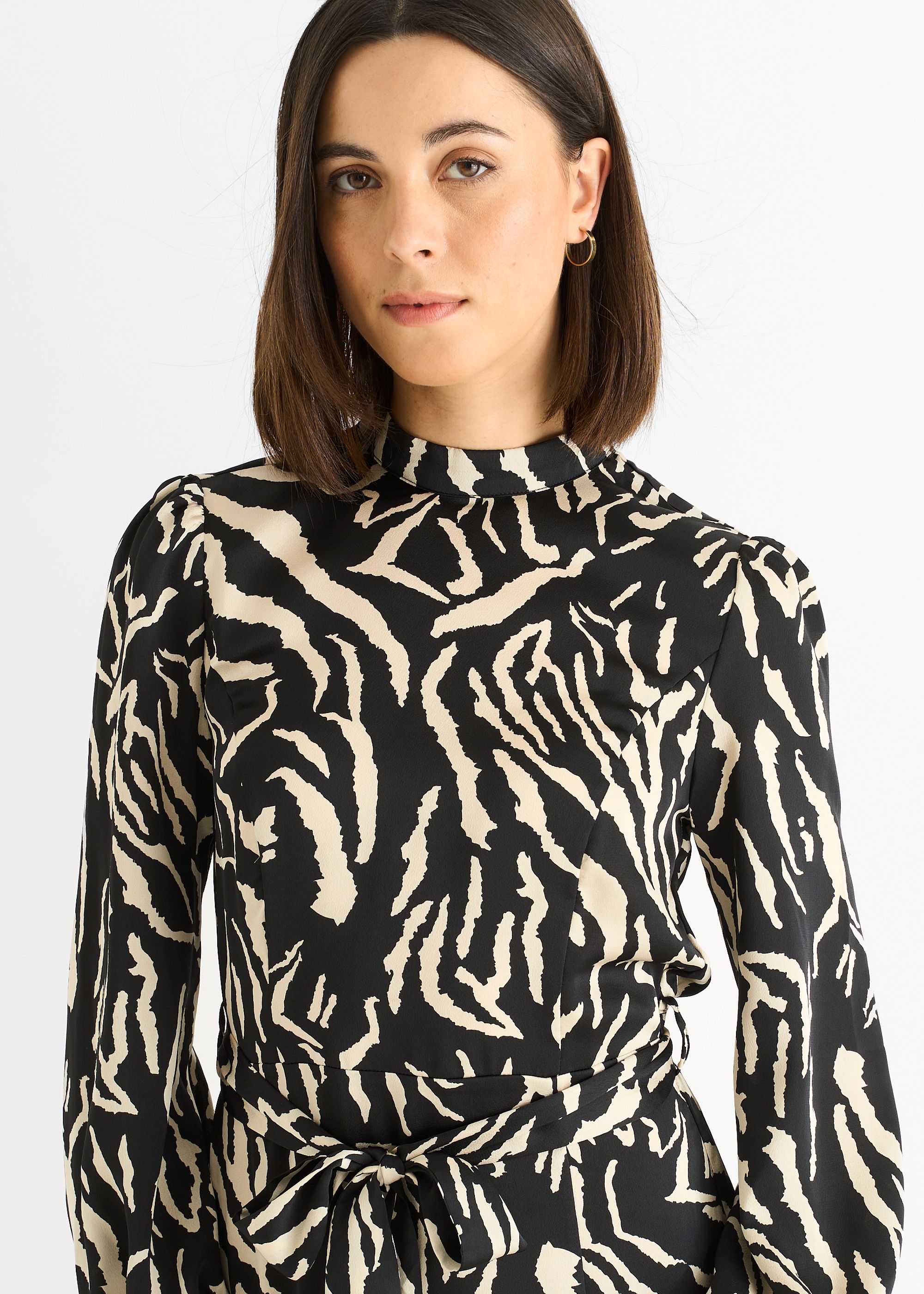 Gini London Black Animal High Neck Satin Midi Dress