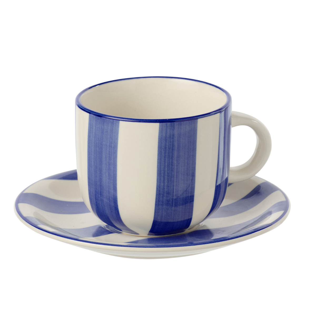 J-Line kopje   schoteltje Gestreept - keramiek - blauw/wit - 6 stuks