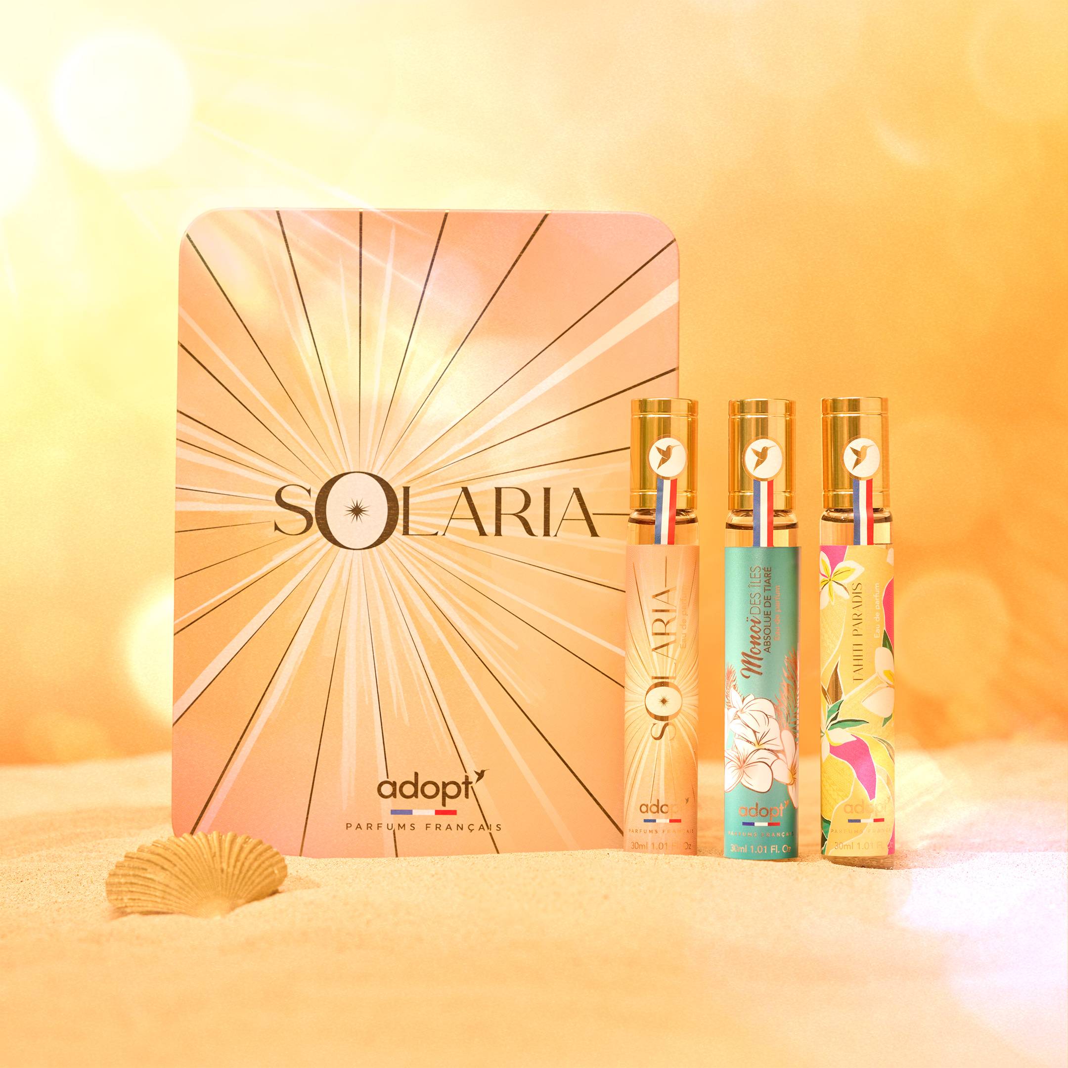 SolariaCoffret métal 3 eaux de parfums Solaria 30 ml   Monoi des iles 30 ml   Tahiti Paradis 30 ml