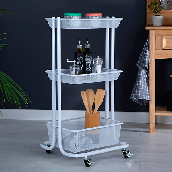 Desserte à roulettes VALIENTE, 3 bacs de rangement en métal blanc