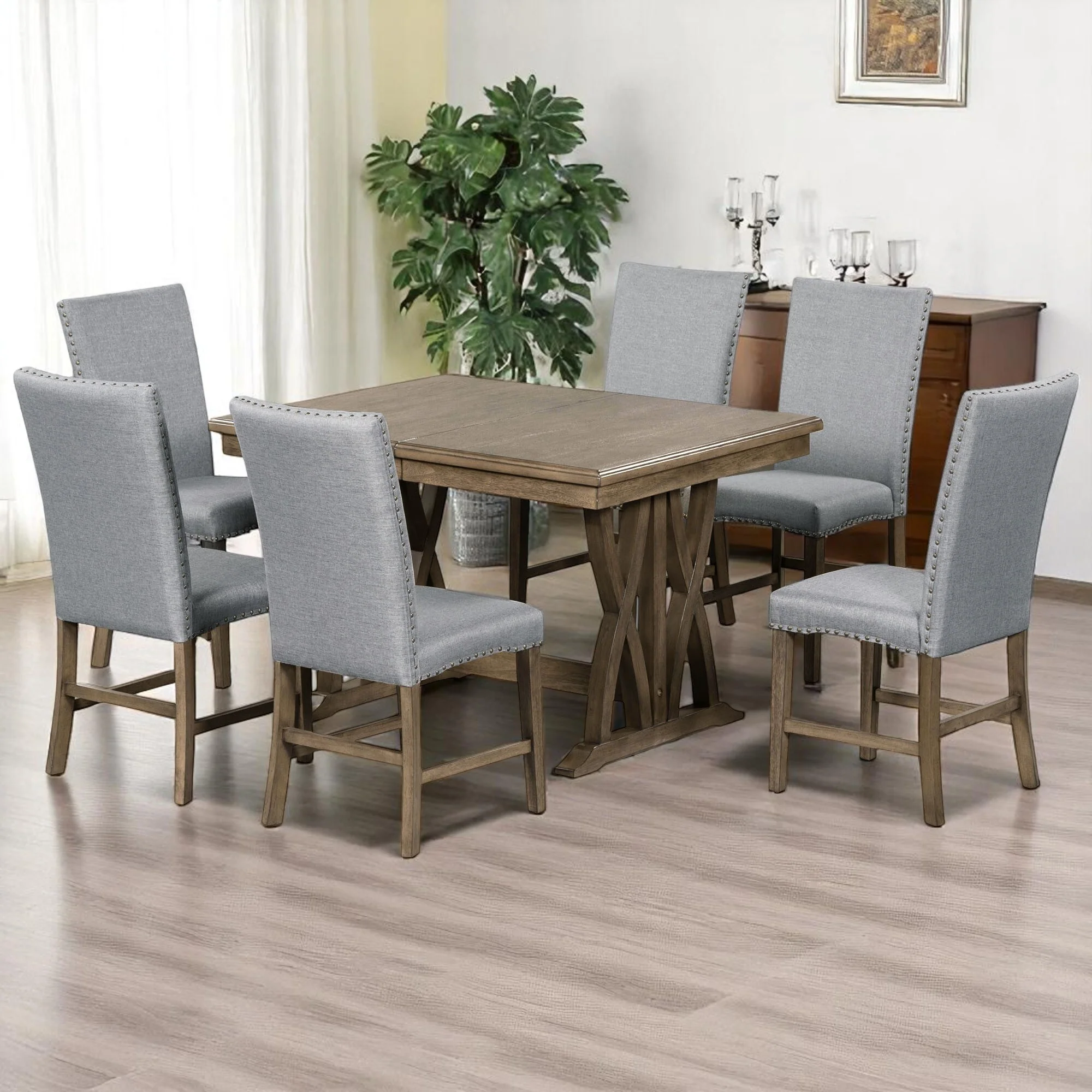 7-Piece Dining Table Set, Extendable Solid Wood Table with 6 Upholstered Chairs and 12 Leaf for Dining Room or Kitchen