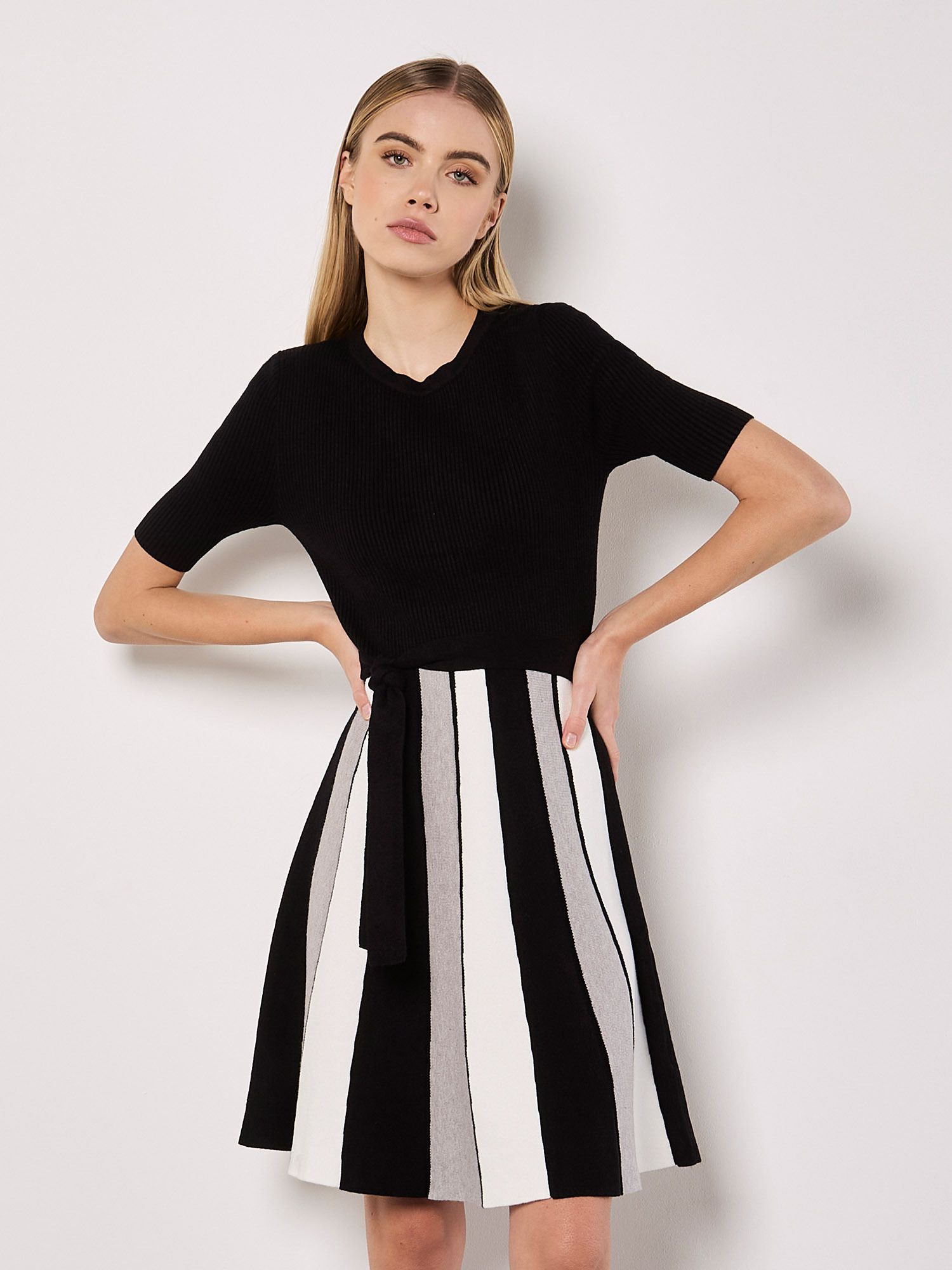 Apricot Monochrome Stripe Knitted Mini Dress